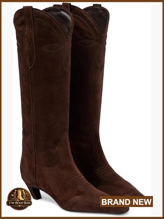 Shoes - Suede Cowboy Knee High Boots Pointed Toe Kitten Heel Pull On Wide Calf